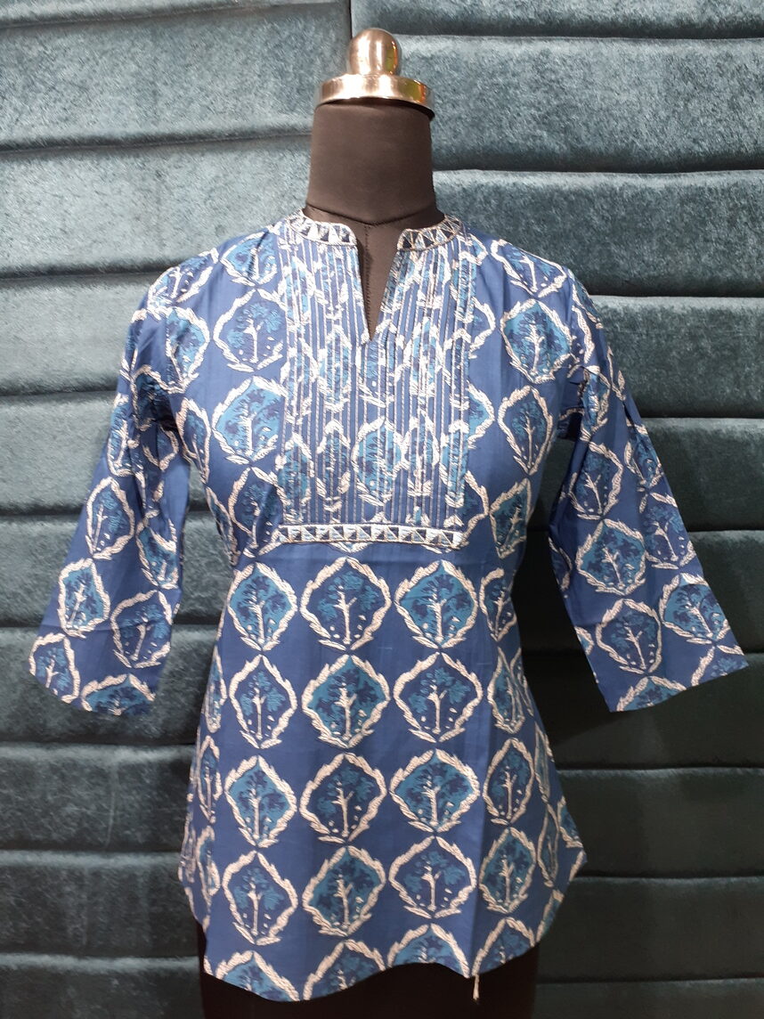 Indigo handblock short top with pattern and embroidery