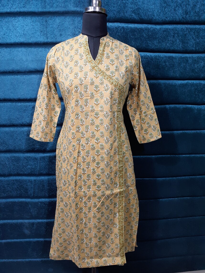 Yellow Bagru printed angrakha kurti